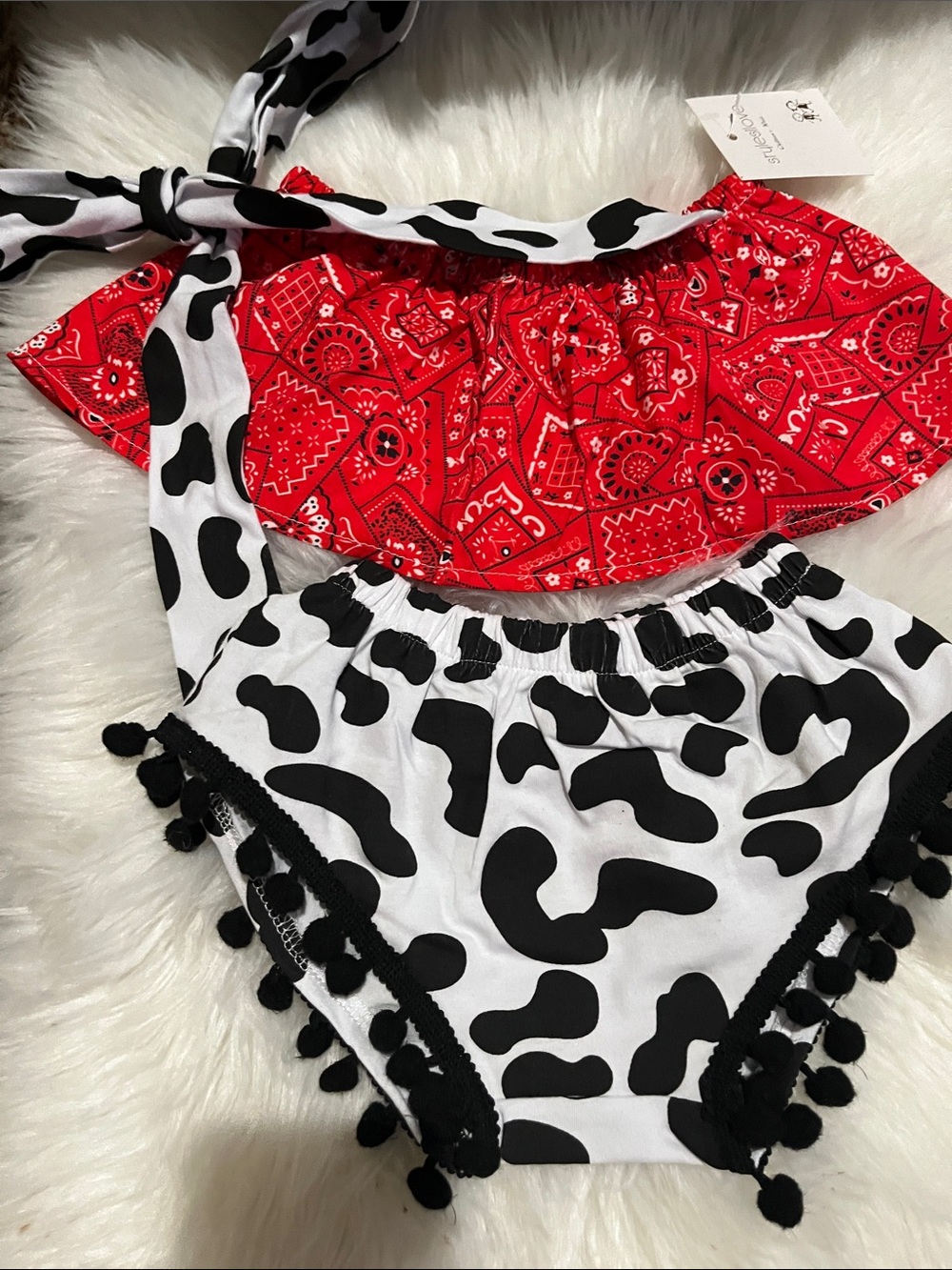 Kids Red Bandana Top & Black Cow-Spot Bottoms Matching Set